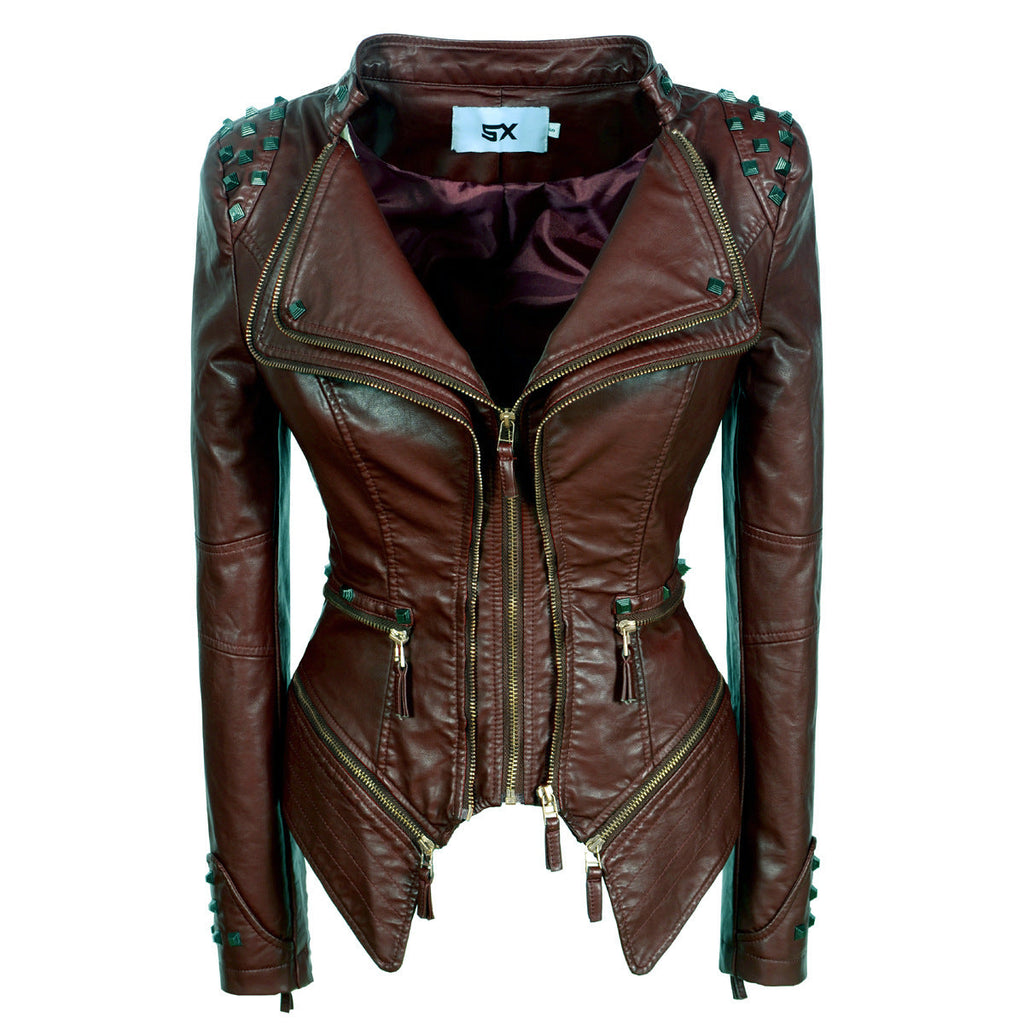 Women's Rivet Slim Washed Leather Motorcycle Jacket Pi-Mart