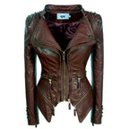 Women's Rivet Slim Washed Leather Motorcycle Jacket Pi-Mart