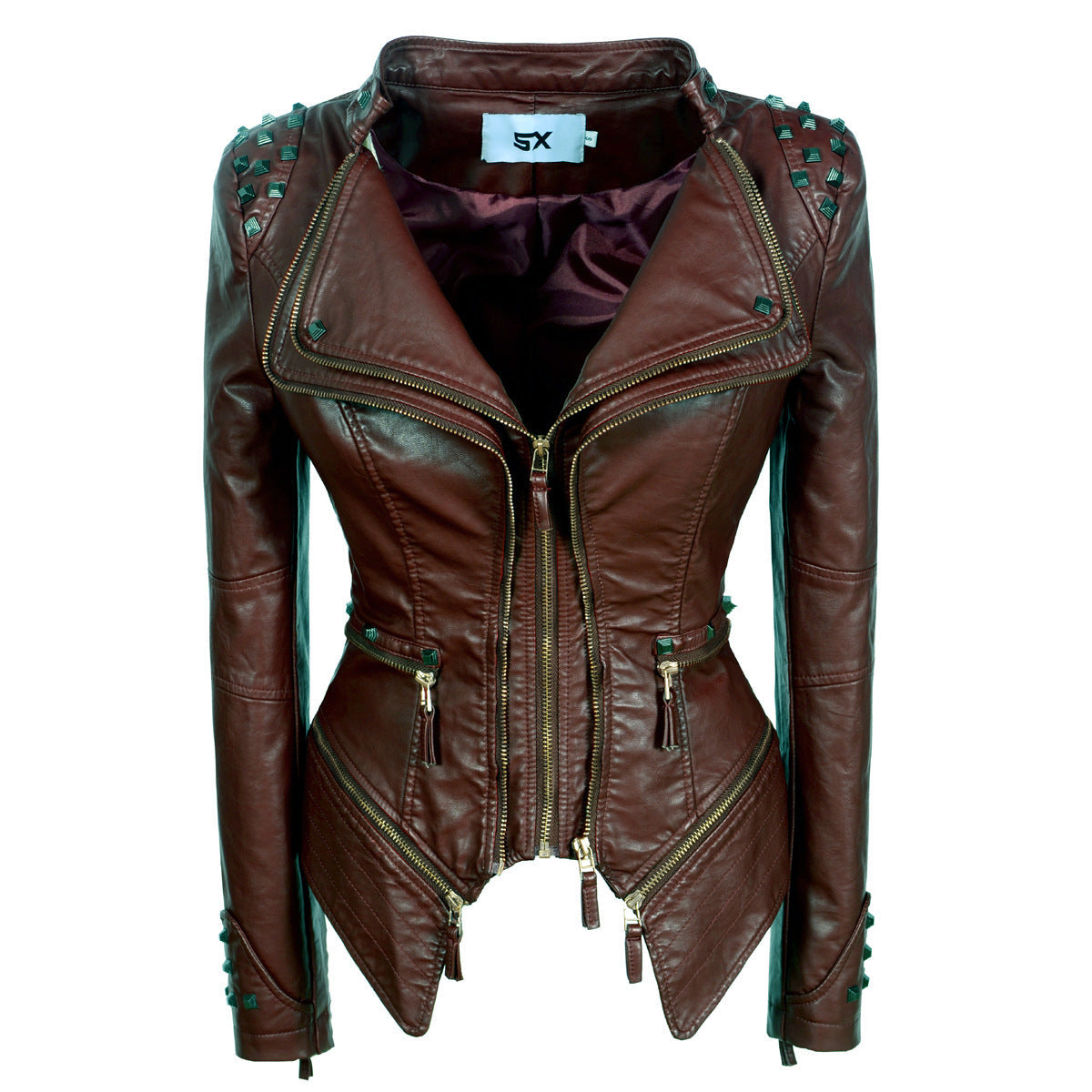 Women's Rivet Slim Washed Leather Motorcycle Jacket Pi-Mart