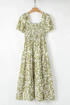 Yellow Boho Floral Print Square Neck Puff Sleeve Tiered Maxi Dress
