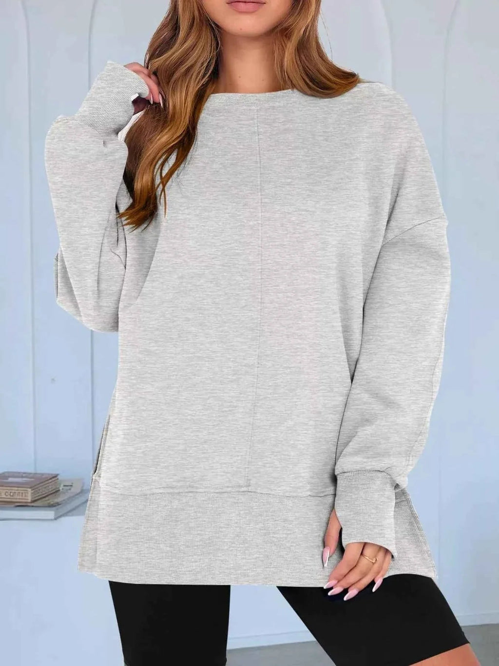Side Slit Round Neck Long Sleeve Sweatshirt THRIXINE