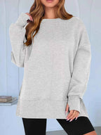 Side Slit Round Neck Long Sleeve Sweatshirt THRIXINE