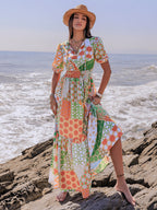 Printed Smocked Waist Short Sleeve Maxi Dress Elegant & Flowy Boho Style Dresses For Women