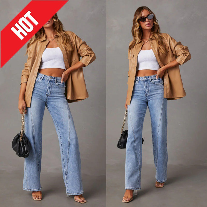 Casual Patchwork Women's Wide Leg Jeans Pi-Mart