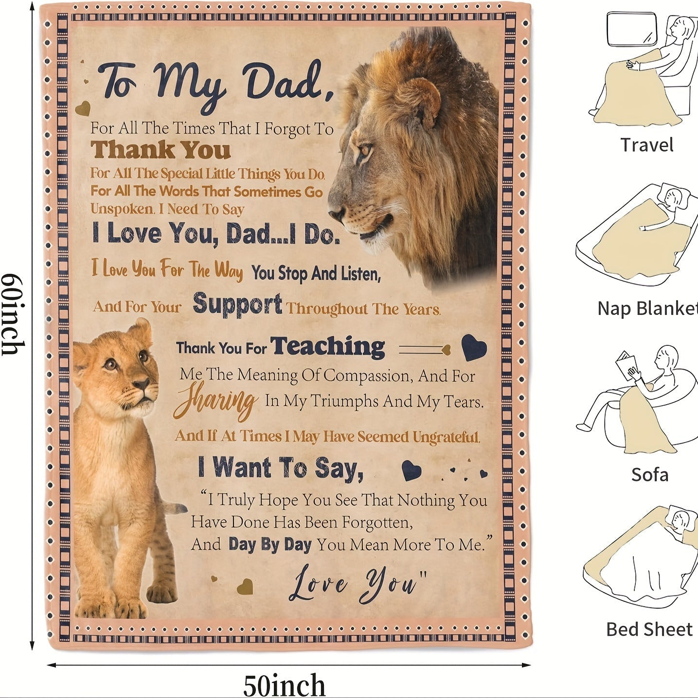 Creative Gift for Dad - Lion Design Soft Flannel Blanket with Loving Message, Cozy and Thoughtful Animal-Themed Decor Lootquake LLC