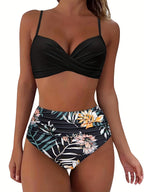 Tropical Vibe High Waist Bikini Set – Flirty V-Neck Swimsuit with Layered Colorblock High Cut Bottom Crisscross Strap Detail & Ultra-Stretch Comfort – Women's Two Piece Swimwear for Summer Beach Pool & Vacation Fun Stevvex