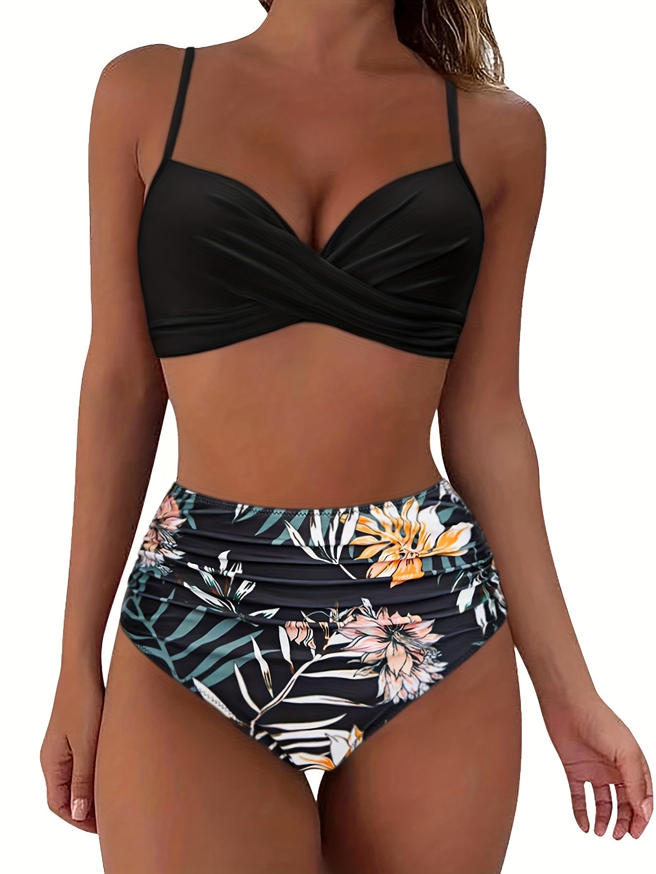 Tropical Vibe High Waist Bikini Set – Flirty V-Neck Swimsuit with Layered Colorblock High Cut Bottom Crisscross Strap Detail & Ultra-Stretch Comfort – Women's Two Piece Swimwear for Summer Beach Pool & Vacation Fun Stevvex