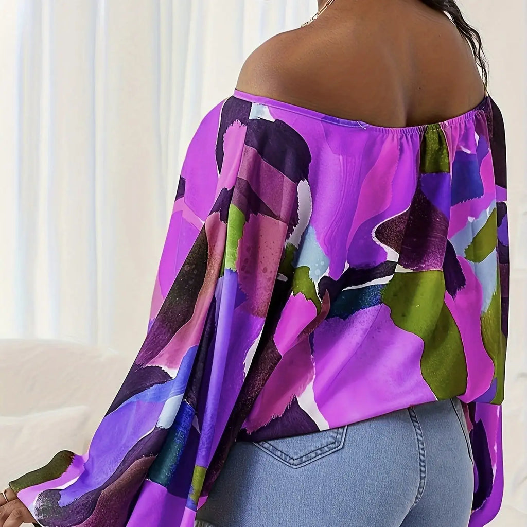 Ladies' Fashionable And Casual Off Shoulder Printed Lantern Sleeves, Loose And Comfortable Versatile T-shirt Top - SJB-DIAMOND ELITES