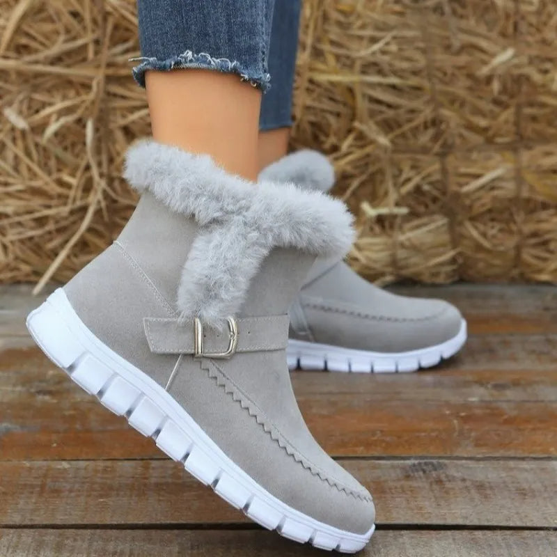 New Snow Boots Winter Warm Thickened Solid Color Plush Ankle Boots With Buckle Design Plus Velvet Flat Shoes For Women Pi-Mart