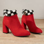 New Plaid Print Plush Ankle Boots Winter Fashoin Square Heel Suede Boots Women Casual Versatile Shoes Autumn And Winter Pi-Mart