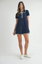 Ruffle Trimmed Collar Fine Knit Mini Dress For Women – Ruffle Mini Dress, Fine Knit Dress, Collar Dress, Feminine Mini Dress, Chic Knit Dress