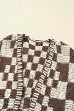 Taupe Colorblock Checked Open Front Knitted Cardigan