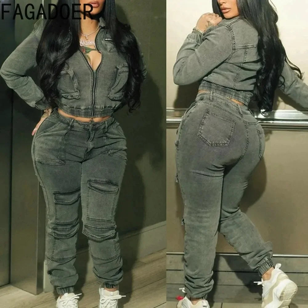 FAGADOER Fashion Denim Two Piece Set for Women Y2k Streetwear Lapel Zip Crop Jacket And Cargo Pockets Stretchy Jeans Outfits Purplish Diva