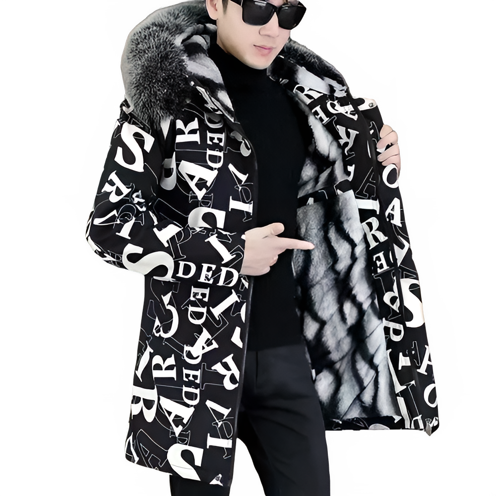 Cotton-Padded Coat Winter Jacket Men's Parkas ashionable Mid-Length Thickened Jacket Brand Letter Print Fur collar Pi-Mart