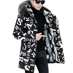Cotton-Padded Coat Winter Jacket Men's Parkas ashionable Mid-Length Thickened Jacket Brand Letter Print Fur collar Pi-Mart