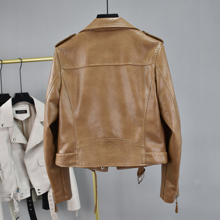 Cropped Hem Belt Snakeskin Leather Biker Jacket Pi-Mart