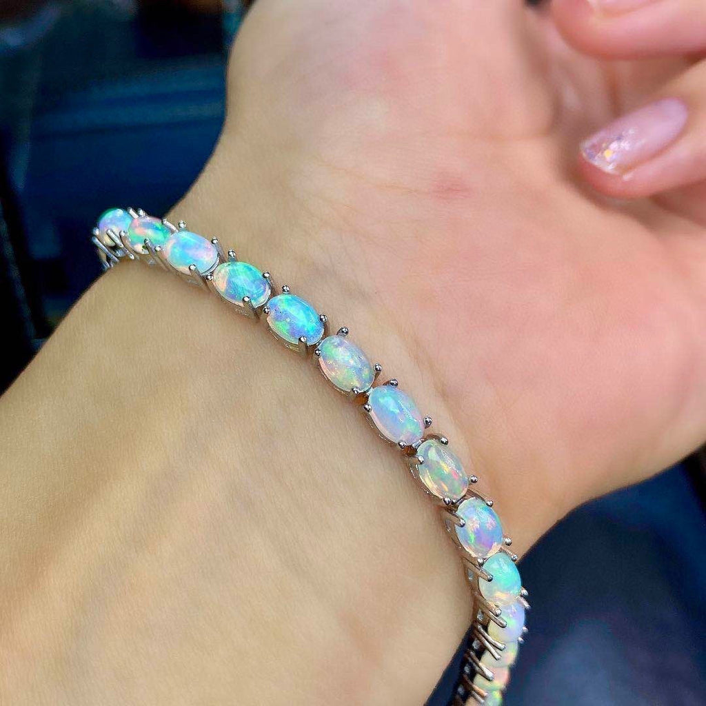 Silver Plated 18k Gold Inlaid Natural Dazzling Opal Bracelet Women Pi-Mart