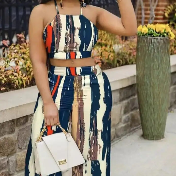 Ladies' Summer Fashion Cross Backless Square Neck Sleeveless Short Top And Daily Wide Leg Pants Set - SJB-DIAMOND ELITES