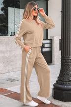 Varsity Stripe Crewneck Pullover and Sweatpants Set THRIXINE