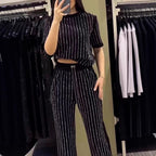 Vertical Striped Rhinestone Top Two-piece Set Pi-Mart