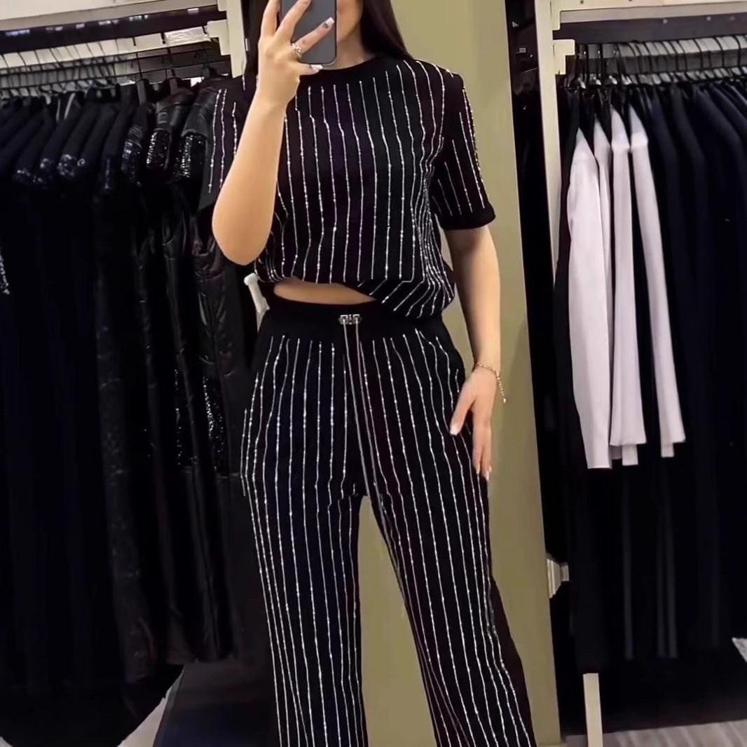 Vertical Striped Rhinestone Top Two-piece Set Pi-Mart