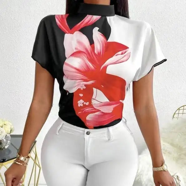 Women's New Small Stand Up Collar Loose Fit Comfortable And Elegant Temperament Floral Print Top - SJB-DIAMOND ELITES