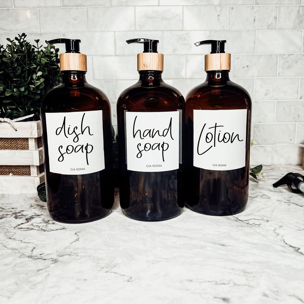 32 Oz Amber Glass Reusable Dispenser Bottle For Soap Laundry Mouthwash Refillable Pump Included BandsCo Straps
