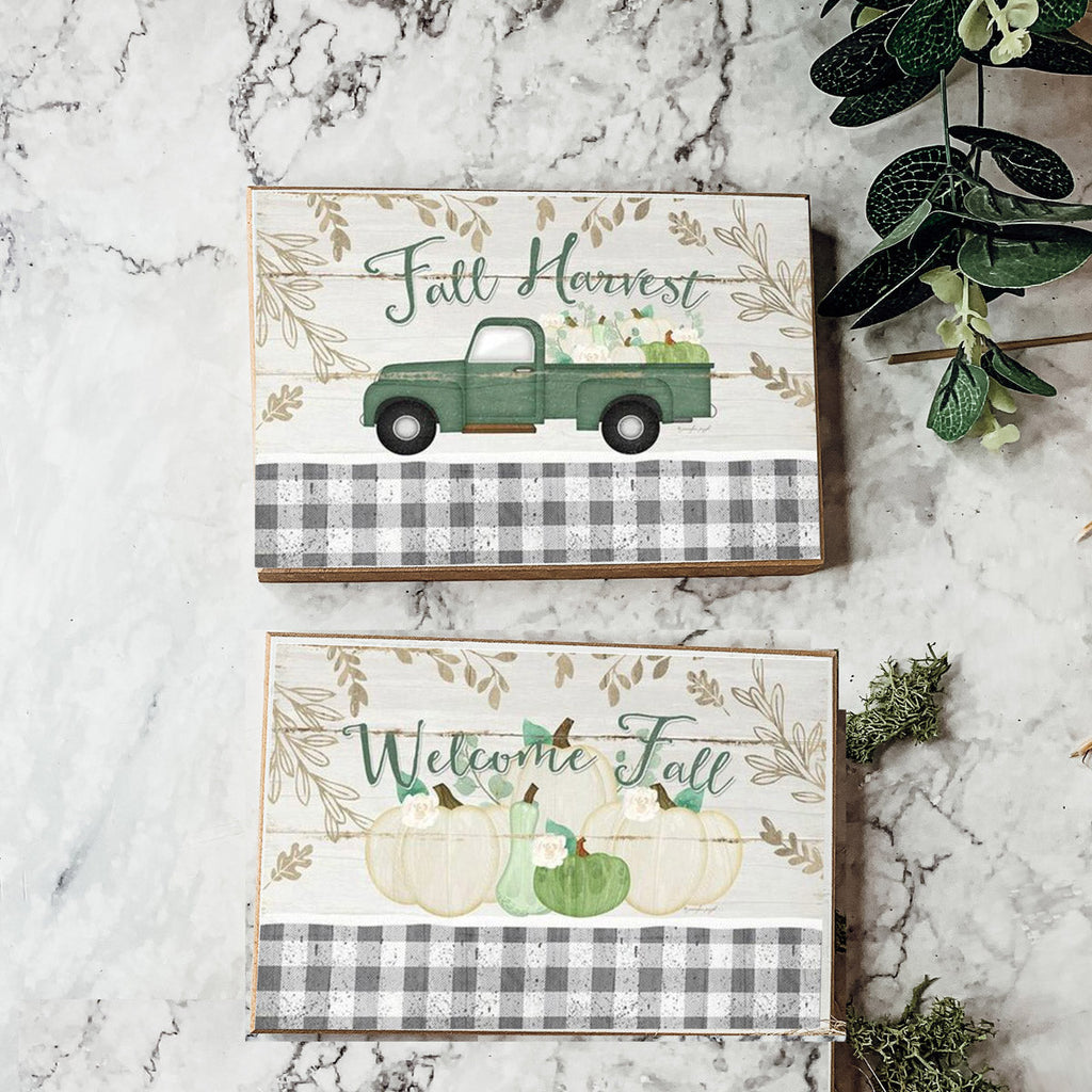 Fall Harvest Wooden Tiered Tray Sign 6x4x1 Rustic Halloween Home Decor BandsCo Straps
