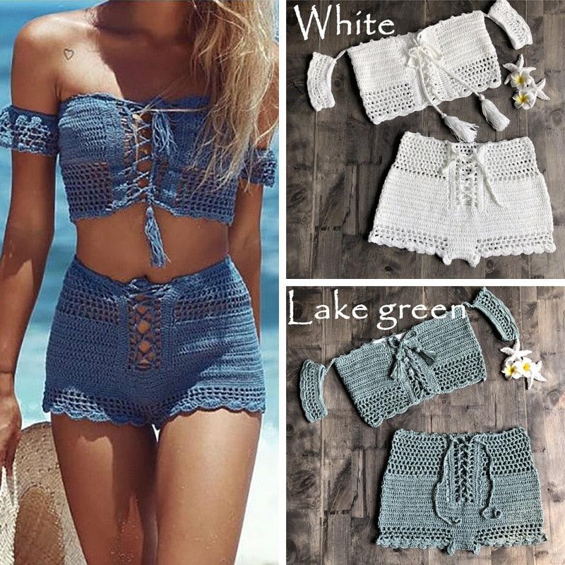 Fashion Beach Bikini Set Knitting Swimsuit Crochet Style Off Shoulder Bathing Handmade Tassels Bikini Bra Two Piece Beach Outfits For Women Crochet Tassels Hollow Out Bikini Bra Top Skirt Cover Up Dress Stevvex