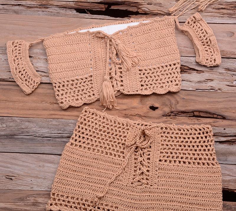 Fashion Beach Bikini Set Knitting Swimsuit Crochet Style Off Shoulder Bathing Handmade Tassels Bikini Bra Two Piece Beach Outfits For Women Crochet Tassels Hollow Out Bikini Bra Top Skirt Cover Up Dress Stevvex