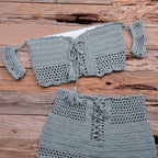 Fashion Beach Bikini Set Knitting Swimsuit Crochet Style Off Shoulder Bathing Handmade Tassels Bikini Bra Two Piece Beach Outfits For Women Crochet Tassels Hollow Out Bikini Bra Top Skirt Cover Up Dress Stevvex