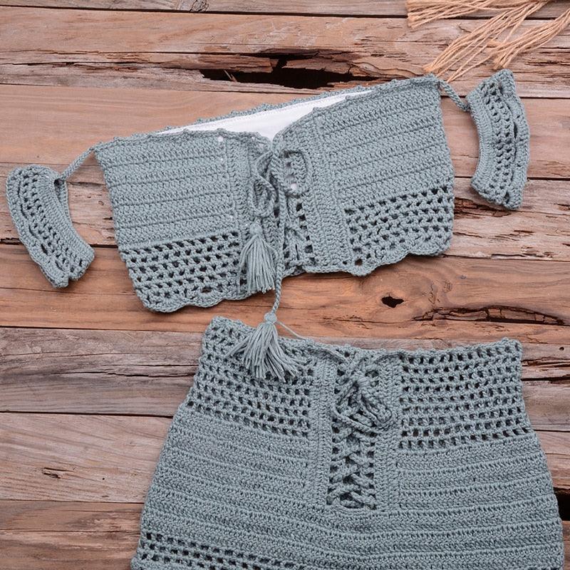Fashion Beach Bikini Set Knitting Swimsuit Crochet Style Off Shoulder Bathing Handmade Tassels Bikini Bra Two Piece Beach Outfits For Women Crochet Tassels Hollow Out Bikini Bra Top Skirt Cover Up Dress Stevvex