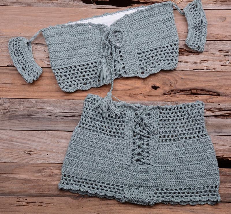 Fashion Beach Bikini Set Knitting Swimsuit Crochet Style Off Shoulder Bathing Handmade Tassels Bikini Bra Two Piece Beach Outfits For Women Crochet Tassels Hollow Out Bikini Bra Top Skirt Cover Up Dress Stevvex