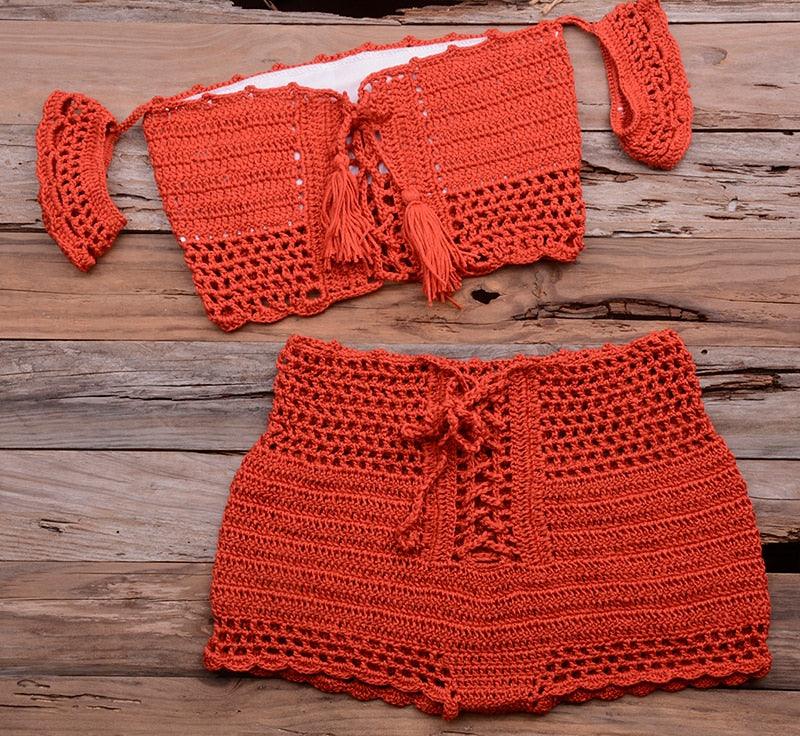 Fashion Beach Bikini Set Knitting Swimsuit Crochet Style Off Shoulder Bathing Handmade Tassels Bikini Bra Two Piece Beach Outfits For Women Crochet Tassels Hollow Out Bikini Bra Top Skirt Cover Up Dress Stevvex