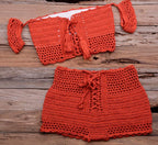 Fashion Beach Bikini Set Knitting Swimsuit Crochet Style Off Shoulder Bathing Handmade Tassels Bikini Bra Two Piece Beach Outfits For Women Crochet Tassels Hollow Out Bikini Bra Top Skirt Cover Up Dress Stevvex