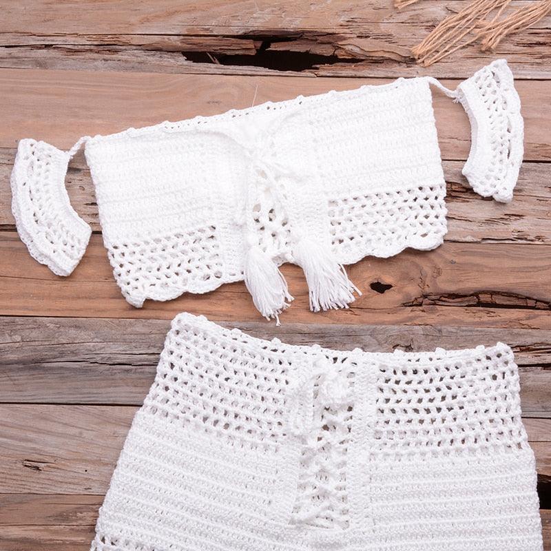 Fashion Beach Bikini Set Knitting Swimsuit Crochet Style Off Shoulder Bathing Handmade Tassels Bikini Bra Two Piece Beach Outfits For Women Crochet Tassels Hollow Out Bikini Bra Top Skirt Cover Up Dress Stevvex