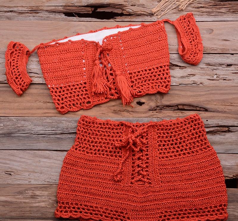 Fashion Beach Bikini Set Knitting Swimsuit Crochet Style Off Shoulder Bathing Handmade Tassels Bikini Bra Two Piece Beach Outfits For Women Crochet Tassels Hollow Out Bikini Bra Top Skirt Cover Up Dress Stevvex