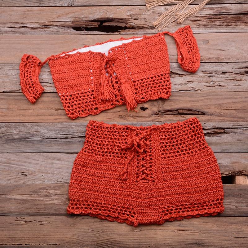 Fashion Beach Bikini Set Knitting Swimsuit Crochet Style Off Shoulder Bathing Handmade Tassels Bikini Bra Two Piece Beach Outfits For Women Crochet Tassels Hollow Out Bikini Bra Top Skirt Cover Up Dress Stevvex