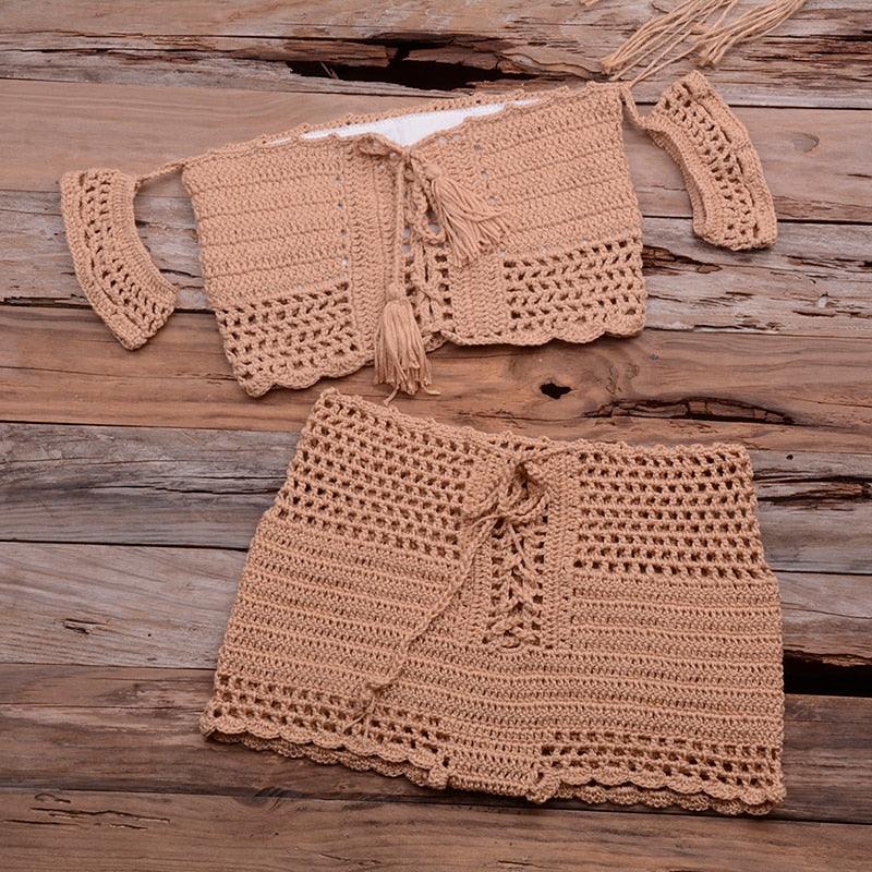 Fashion Beach Bikini Set Knitting Swimsuit Crochet Style Off Shoulder Bathing Handmade Tassels Bikini Bra Two Piece Beach Outfits For Women Crochet Tassels Hollow Out Bikini Bra Top Skirt Cover Up Dress Stevvex