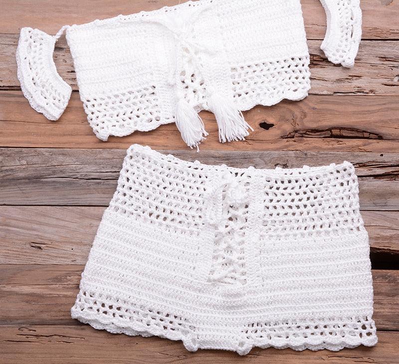 Fashion Beach Bikini Set Knitting Swimsuit Crochet Style Off Shoulder Bathing Handmade Tassels Bikini Bra Two Piece Beach Outfits For Women Crochet Tassels Hollow Out Bikini Bra Top Skirt Cover Up Dress Stevvex