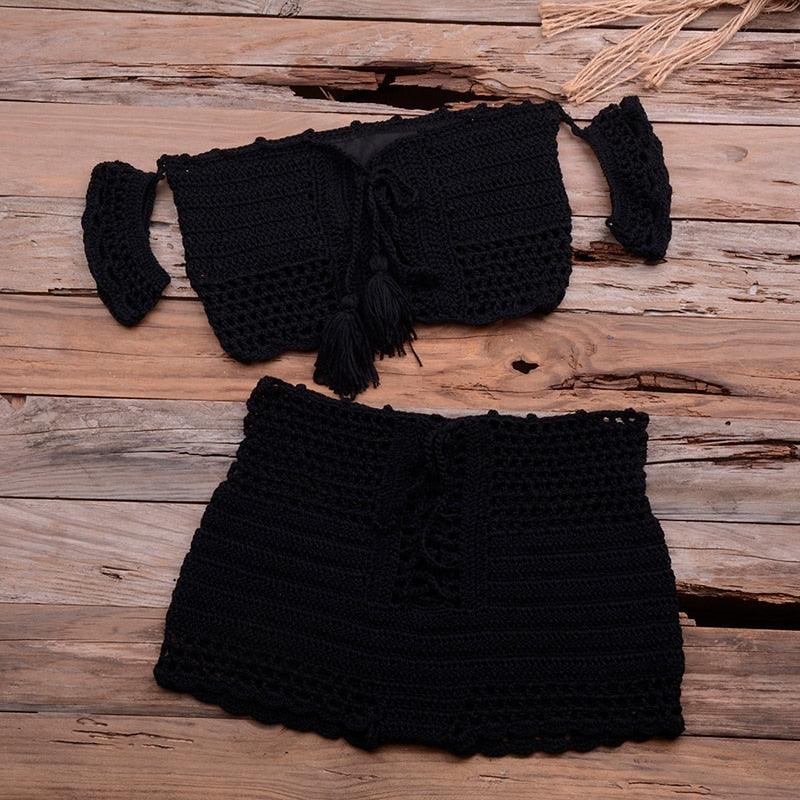 Fashion Beach Bikini Set Knitting Swimsuit Crochet Style Off Shoulder Bathing Handmade Tassels Bikini Bra Two Piece Beach Outfits For Women Crochet Tassels Hollow Out Bikini Bra Top Skirt Cover Up Dress Stevvex