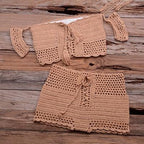 Fashion Beach Bikini Set Knitting Swimsuit Crochet Style Off Shoulder Bathing Handmade Tassels Bikini Bra Two Piece Beach Outfits For Women Crochet Tassels Hollow Out Bikini Bra Top Skirt Cover Up Dress Stevvex