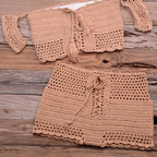 Fashion Beach Bikini Set Knitting Swimsuit Crochet Style Off Shoulder Bathing Handmade Tassels Bikini Bra Two Piece Beach Outfits For Women Crochet Tassels Hollow Out Bikini Bra Top Skirt Cover Up Dress Stevvex