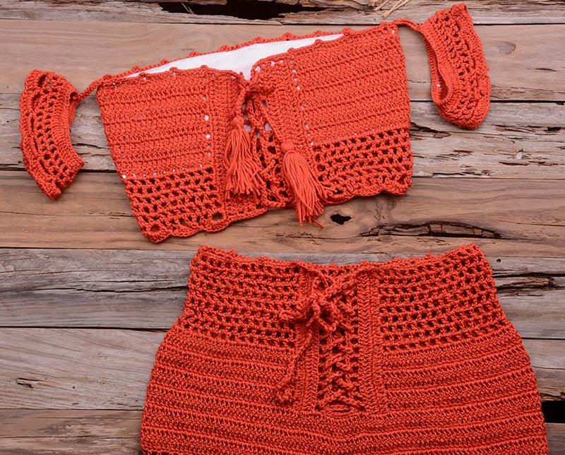 Fashion Beach Bikini Set Knitting Swimsuit Crochet Style Off Shoulder Bathing Handmade Tassels Bikini Bra Two Piece Beach Outfits For Women Crochet Tassels Hollow Out Bikini Bra Top Skirt Cover Up Dress Stevvex