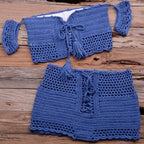 Fashion Beach Bikini Set Knitting Swimsuit Crochet Style Off Shoulder Bathing Handmade Tassels Bikini Bra Two Piece Beach Outfits For Women Crochet Tassels Hollow Out Bikini Bra Top Skirt Cover Up Dress Stevvex