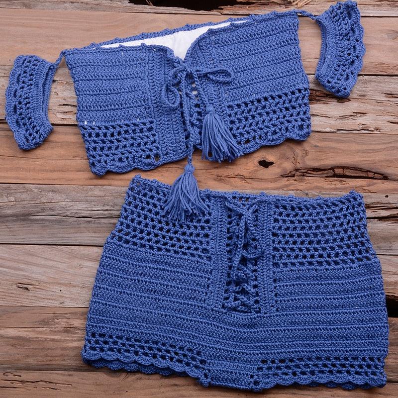 Fashion Beach Bikini Set Knitting Swimsuit Crochet Style Off Shoulder Bathing Handmade Tassels Bikini Bra Two Piece Beach Outfits For Women Crochet Tassels Hollow Out Bikini Bra Top Skirt Cover Up Dress Stevvex