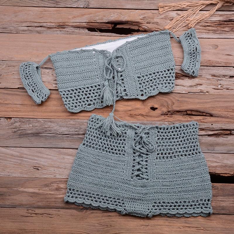 Fashion Beach Bikini Set Knitting Swimsuit Crochet Style Off Shoulder Bathing Handmade Tassels Bikini Bra Two Piece Beach Outfits For Women Crochet Tassels Hollow Out Bikini Bra Top Skirt Cover Up Dress Stevvex
