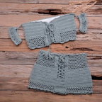 Fashion Beach Bikini Set Knitting Swimsuit Crochet Style Off Shoulder Bathing Handmade Tassels Bikini Bra Two Piece Beach Outfits For Women Crochet Tassels Hollow Out Bikini Bra Top Skirt Cover Up Dress Stevvex