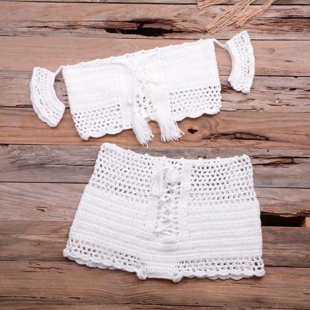 Fashion Beach Bikini Set Knitting Swimsuit Crochet Style Off Shoulder Bathing Handmade Tassels Bikini Bra Two Piece Beach Outfits For Women Crochet Tassels Hollow Out Bikini Bra Top Skirt Cover Up Dress Stevvex