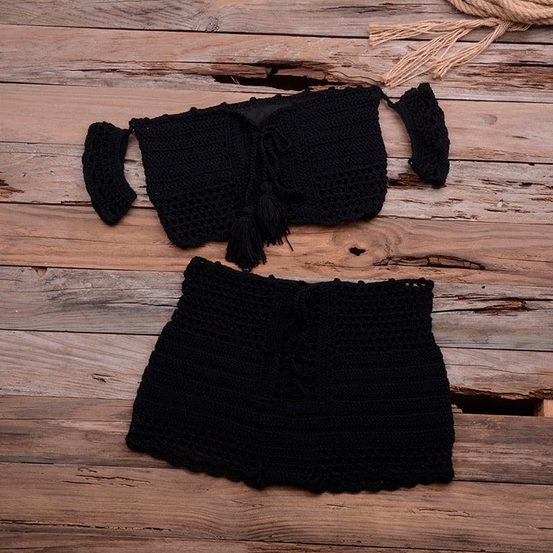 Fashion Beach Bikini Set Knitting Swimsuit Crochet Style Off Shoulder Bathing Handmade Tassels Bikini Bra Two Piece Beach Outfits For Women Crochet Tassels Hollow Out Bikini Bra Top Skirt Cover Up Dress Stevvex